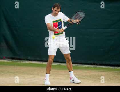 Roger Federer of Switzerland during practice at the Wimbledon Championships 2017 Stock Photo