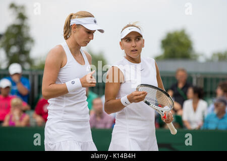 Ekaterina Makarova and Elena Vesnina of Russia at the Ladies' doubles - Wimbledon Championships 2017 Stock Photo