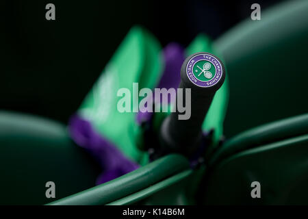 Wimbledon logo on an umbrella  at the Wimbledon Championships 2017 Stock Photo