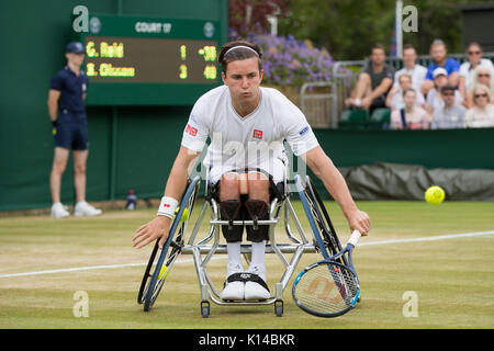 Wheelchair tennis player Gordon Reid of GB at the Gentlemen's Wheelchair Singles - Wimbledon Championships 2017 Stock Photo