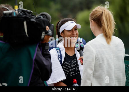 HEather Watson of GB giving an interview at the Wimbledon Championships 2017 Stock Photo