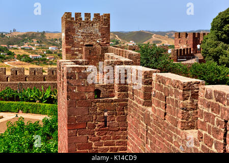 Ramparts from inside Silves castle and view over town, Algarve, Portugal, the ancient Moorish influenced castle Stock Photo