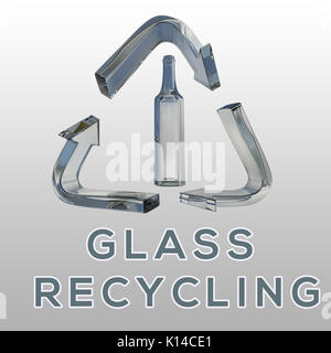 3D illustration of 'GLASS RECYCLING' title with glass bottle in a recycling symbol as a background Stock Photo