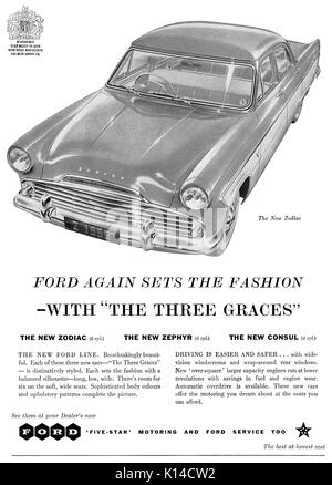 1956 British advertisement for Ford cars, featuring the Ford Zodiac. Stock Photo