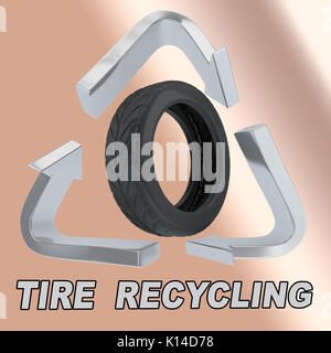 3D illustration of 'TIRE  RECYCLING' title with a rubber tire in a recycling symbol as a background Stock Photo