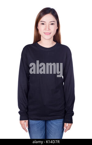 happy woman in black long sleeve t-shirt isolated on a white background Stock Photo