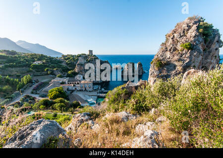 Sicilian landscape of 'La tonnara' near Scopello, Trapani, Sicily, Italy Stock Photo