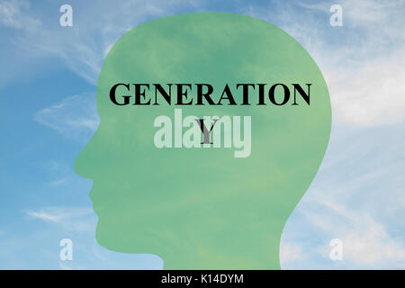 Render illustration of 'GENERATION Y' script on head silhouette, with cloudy sky as a background. Stock Photo