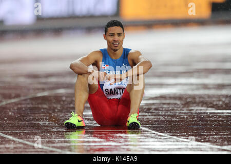 Juander SANTOS (Dominican Republic) exhausted after competing the Men's 400m Hurdles Final at the 2017, IAAF World Championships, Queen Elizabeth Olympic Park, Stratford, London, UK. Stock Photo