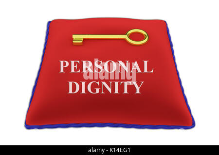 3D illustration of 'PERSONAL DIGNITY' Title on red velvet pillow near a golden key, isolated on white. Stock Photo