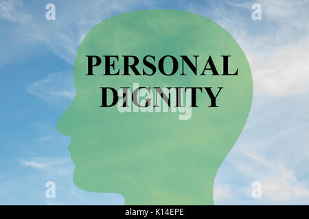 Render illustration of 'PERSONAL DIGNITY' script on head silhouette, with cloudy sky as a background. Stock Photo