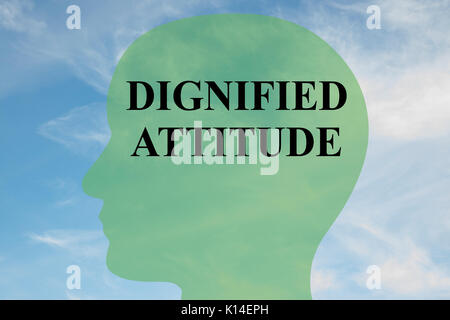 Render illustration of 'DIGNIFIED ATTITUDE' script on head silhouette, with cloudy sky as a background. Stock Photo