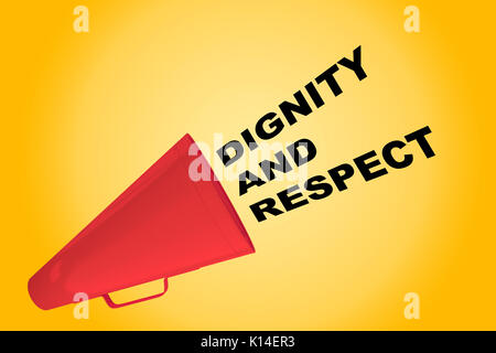 3D illustration of 'DIGNITY AND RESPECT' title flowing from a loudspeaker Stock Photo