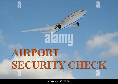 Render illustration of 'AIRPORT SECURITY CHECK' title on cloudy sky as a background, under an airplane which is taking off. Stock Photo