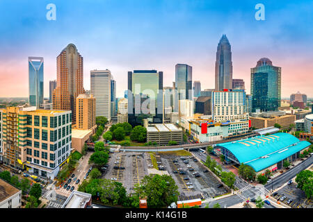 Aerial view of Charlotte, NC skyline on a foggy afternoon Stock Photo