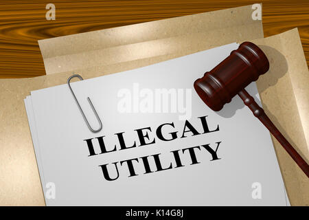 3D illustration of 'ILLEGAL UTILITY' title on legal document Stock Photo