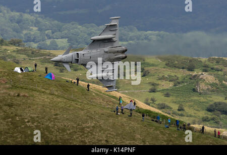 RAF Typhoon FGR4, conducting low level flying training in Snowdonia, Wales. The Mach Loop, LFA7, Low Flying Area 7, Stock Photo