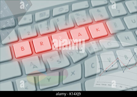 Warped computer keyboard spelling "break" instead of QWERTY with various business items Stock Photo