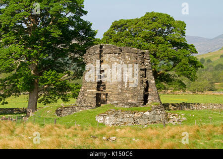 Ancient Dun Telve broch, Iron Age roundhouse, in colourful landscape with trees and hills under blue sky near Glenelg, Scotland Stock Photo