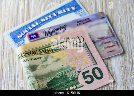US Dollars, Driver License, Social Security Card, Green or Permanent Resident Card in wallet ...