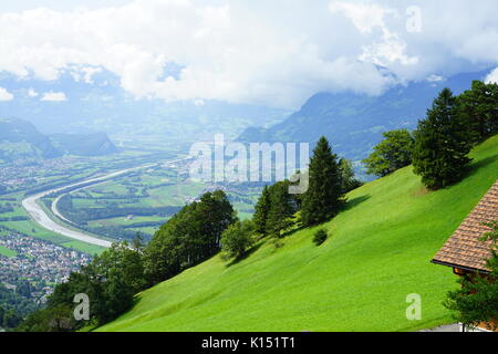 View of the Rhine Valley in the Alps between Liechtenstein and Switzerland Stock Photo