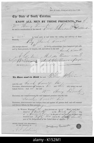 A bill of sale for a slave, consisting of a form letter with hand written sections to complete the form, sale was for $1000 in the state of South Carolina, 1852. From the New York Public Library. Stock Photo