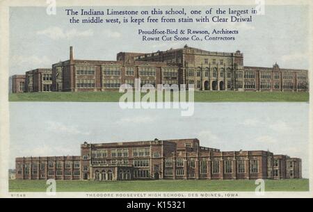 Theodore Roosevelt High School, Des Moines, Iowa, The Indiana Limestone on this school, one of the largest in the middle west, is kept free from stain with Clear Driwal Proudfoot - Bird and Rawson, Architects, Rowat Cut Stone Co, Contractors, Des Moines, Iowa, 1897. From the New York Public Library. Stock Photo