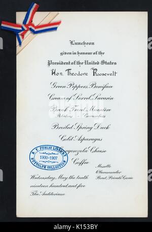 Menu for a banquet given in honor of United States President Theodore Roosevelt at the Auditorium, Chicago, Illinois, 1901. From the New York Public Library. Stock Photo