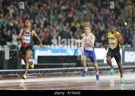 Yohan BLAKE (Jamaica), Ján VOLKO (Slovakia), Abdul Hakim SANI BROWN (Japan) crossing the finish line in the Men's 200m Semi-Final 2 at the 2017, IAAF World Championships, Queen Elizabeth Olympic Park, Stratford, London, UK. Stock Photo