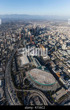 Los Angeles, California, USA - August 7, 2017:  Aerial view of Convention Center, Staples Center, Harbor 110 Freeway and office towers in downtown LA. Stock Photo