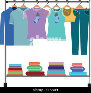 colorful silhouette of clothes rack with t-shirts and pants on hangers and fold clothes on bottom Stock Vector