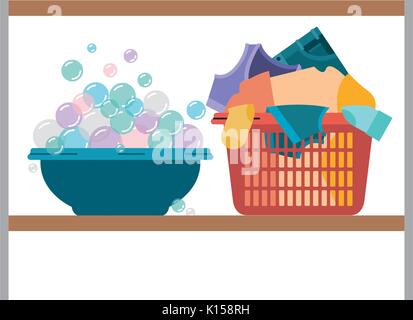 Colorful Silhouette Of Laundry Basket With Heap Of Clothes Vector