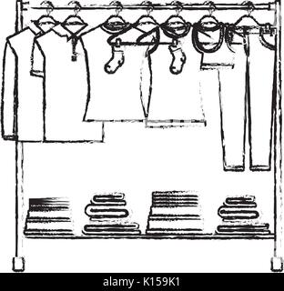 monochrome blurred silhouette of clothes rack with t-shirts and pants on hangers and fold clothes on bottom Stock Vector