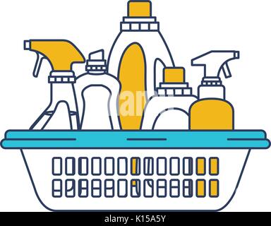 color blue and yellow sections silhouette of cleaning products in plastic basket Stock Vector