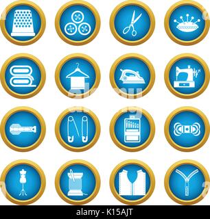 Sewing icons blue circle set Stock Vector