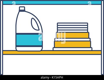 color blue and yellow sections silhouette of rack with bleach clothes bottle and folded towels Stock Vector