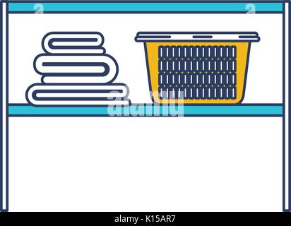 color blue and yellow sections silhouette of rack with folded towels and laundry basket Stock Vector