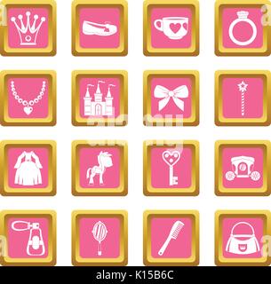 Doll princess items icons pink Stock Vector