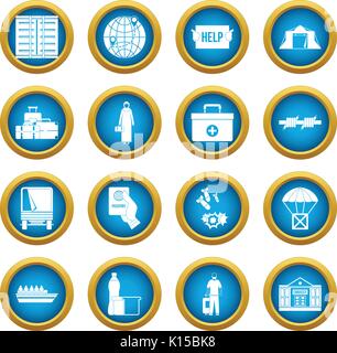 Refugees problem icons blue circle set Stock Vector