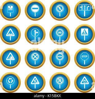 Different road signs icons blue circle set Stock Vector