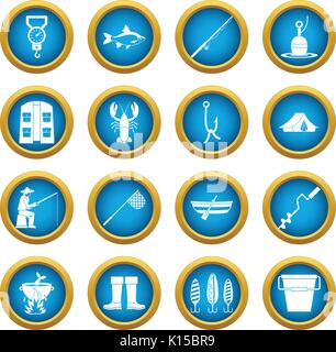 Fishing tools icons blue circle set Stock Vector