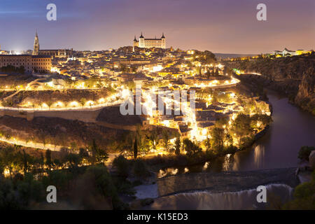 View of the River Tajo with Cathedral Santa Maria and Alcazar, Toledo, Castile-La Mancha, Spain Stock Photo