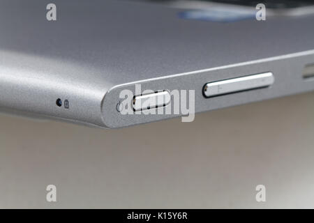 Power button on laptop computer, Closeup. Stock Photo