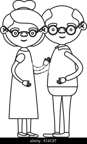 sketch silhouette full body couple elderly of grandmother with collected hair in dress and bald grandfather with glasses Stock Vector
