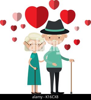 colorful caricature full body elderly couple embraced with floating hearts grandfather with hat in walking stick and grandmother with short hair Stock Vector