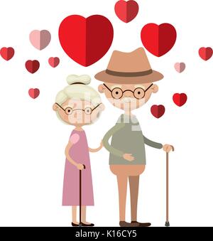 colorful caricature full body elderly couple embraced with floating hearts grandfather with hat in walking stick and grandmother with collected hair and glasses Stock Vector