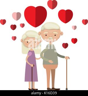 colorful caricature full body elderly couple embraced with floating hearts grandfather with moustache in walking stick and grandmother with straight hair Stock Vector