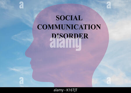 Render illustration of 'SOCIAL COMMUNICATION DISORDER' title on head silhouette, with cloudy sky as a background. Stock Photo