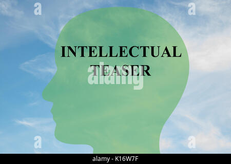 Render illustration of 'INTELLECTUAL TEASER' script on head silhouette, with cloudy sky as a background. Stock Photo