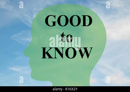 Render illustration of 'GOOD to KNOW' script on head silhouette, with cloudy sky as a background. Stock Photo